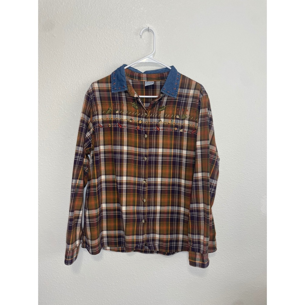 Cascade Blue Plaid Button Down Women XL Brown Embroidered Denim Collar Excellent